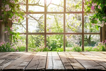 Poster - An empty wooden table in front of a window. Suitable for home decor or interior design concepts