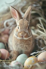 Poster - A rabbit sitting in a nest filled with eggs. Suitable for Easter and spring-themed designs