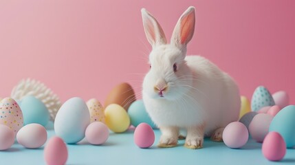 Poster - White rabbit surrounded by colorful Easter eggs. Ideal for Easter-themed designs