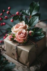 Poster - Gift wrapped in brown paper with pink roses, perfect for special occasions