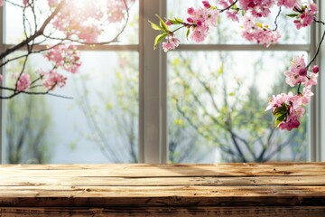 Fototapete - A simple wooden table with pink flowers in front of a window. Ideal for home decor or gardening concepts