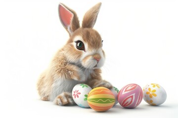 Canvas Print - Cute rabbit sitting next to colorful Easter eggs. Perfect for Easter holiday designs