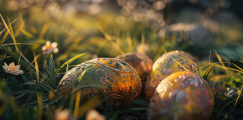 Poster - Colorful Easter eggs laying in the grass, perfect for holiday designs