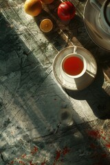 Poster - A cup of tea next to a plate of fresh fruit. Ideal for health and wellness concepts