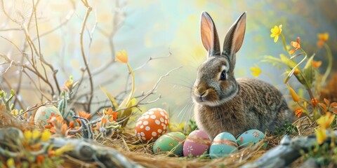 Poster - A cute rabbit sitting among a pile of colorful eggs. Perfect for Easter-themed designs