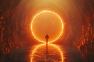 Poster - A person standing in a tunnel with a light shining at the end. Suitable for concepts of hope and new beginnings