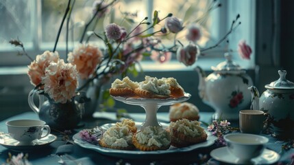 Poster - A table set with various dishes next to a window. Ideal for food blogs or restaurant promotions