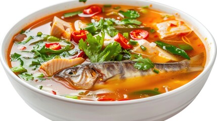 Canvas Print - A bowl of soup with fish and assorted vegetables. Great for food and cooking concepts