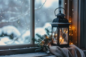 Poster - A lantern sitting on a window sill next to a Christmas tree. Perfect for holiday decorations