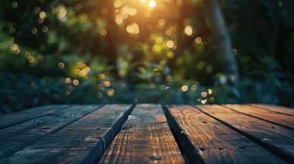 Poster - A close up shot of a wooden table with thesunsetmo in the background
