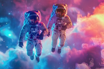 Poster - Two astronauts soaring through the clouds, ideal for science fiction or futuristic concepts