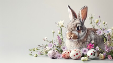 Poster - A cute rabbit sitting among colorful flowers and Easter eggs. Perfect for Easter and spring-themed designs