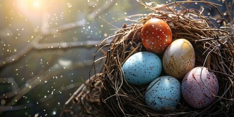 Poster - a bird nest with four eggs, suitable for various nature and wildlife themes