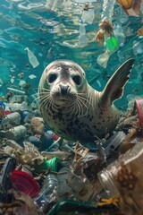 Poster - A seal swimming in polluted ocean water. Suitable for environmental awareness campaigns