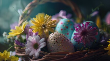 Poster - Colorful Easter basket with eggs and flowers. Perfect for Easter holiday designs