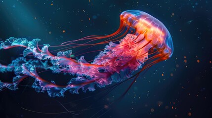 Aufkleber - A jellyfish floating in the water with a shining light. Suitable for marine-themed designs