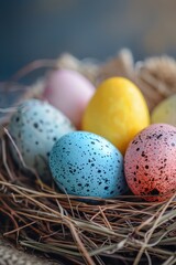 Poster - A close up of a nest with eggs. Perfect for illustrating new life and nature themes