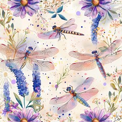 Lovely, pretty watercolor seamless pattern of fly dragons and flowers, leaves. For fabric, silk, printing. Light theme.