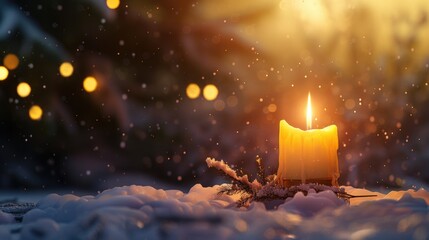 Poster - A lit candle sitting on top of snow covered ground. Suitable for winter and holiday themes