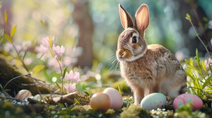 Poster - A cute rabbit sitting in the grass next to a group of eggs. Perfect for Easter themed designs