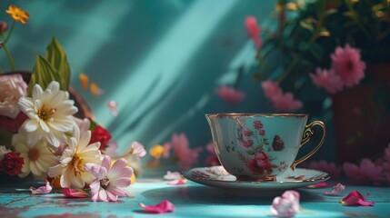 Poster - A tea cup and saucer placed on a table. Suitable for kitchen or dining room concepts