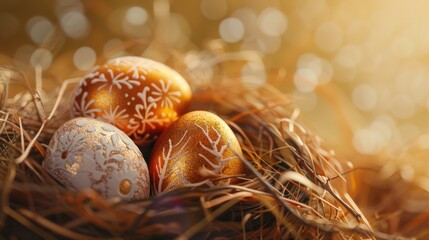 Poster - Close-up shot of three eggs in a nest. Suitable for various nature and wildlife themes