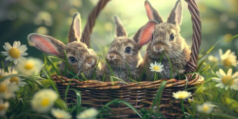 Wall Mural - Three cute rabbits sitting in a basket, perfect for Easter concept