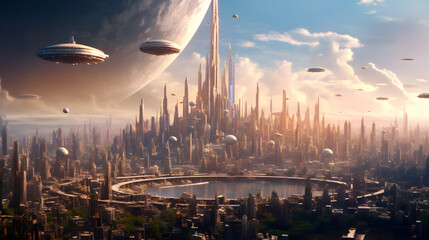 futuristic cityscape with soaring skyscrapers and flying vehicles: an envisioning of advanced urban 