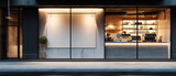 Fototapeta Sport - Coffee shop, cafe store, bar or restaurant with counter, glass windows. View from city street. Front design. Showcase. Generative ai	