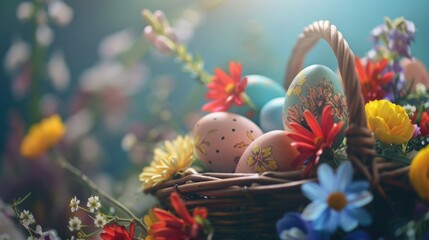 Poster - A basket filled with colorful Easter eggs and fresh flowers. Perfect for Easter celebrations