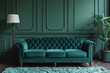 Tranquil Teal Sofa in Emerald Green Living Room Setting