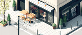 Fototapeta Natura - Isometric view of facade сoffee shop, cafe store, bar or restaurant with counter, glass windows. Showcase.Top view. Cartoon, 3d interior mockup. Generative ai
