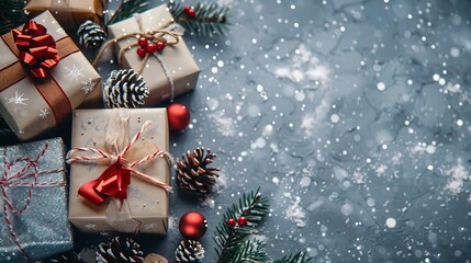 Poster - On a gray backdrop, there is a Christmas background with gifts.