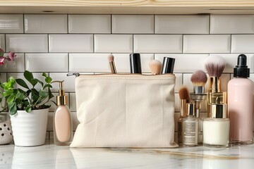 A makeup bag with a pink purse sits on a table with a variety of makeup products