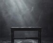 An eerie scene captured inmonitor, set against the stark contrast of a black table, 