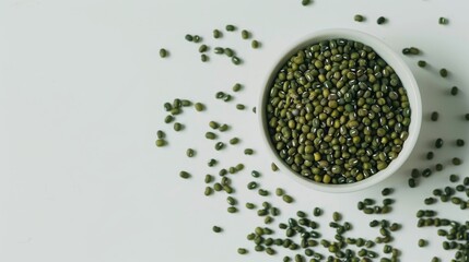 Poster - The photo shows mung beans on a white background with a bowl.