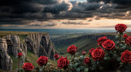 Wall Mural - Red roses on the background of a mountain landscape