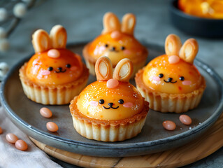 A wooden board with orange rabbit egg tart cakes on top. 