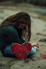 Wall Mural - A woman sits on the beach with a broken heart