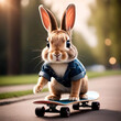 Conejo montado en un skateboard