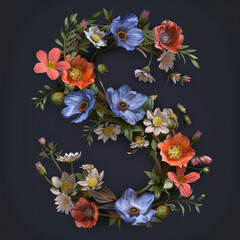 Wall Mural - Beautiful floral alphabet isolated on black background. Letter S. Floral font.