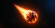 A glowing meteor with a tail of red-hot flames flies in space. Panoramic background