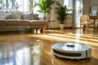 Robot vacuum on wood floor in living room with houseplant