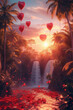 Valentines Day celebration with heartshaped balloons and waterfall in romantic 3D illustration concept for advertising photo