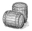 Two oak barrels, hand drawn in sketch style. Wooden casks, kegs illustration