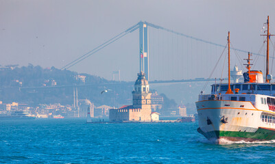 Poster - Sea voyage with old ferry (steamboat) on the Bosporus - Ortakoy mosque and Bosphorus bridge - Istanbul, Turkey  