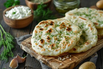 Wall Mural - Flatbreads with potato herbs and cottage cheese on wooden board Vertical view with copy space