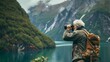 Senior hiker observing mountainous landscape through binoculars by the lake