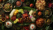 A photo of A traditional Indonesian rijsttafel spread, featuring a colorful array of dishes such as rendang, sate, nasi goreng, and sambal.