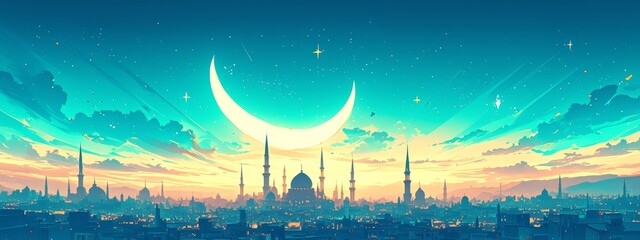 Wall Mural - A vibrant Ramadan banner featuring an Islamic cityscape at sunset, with the crescent moon and stars in the sky and silhouettes of minarets 